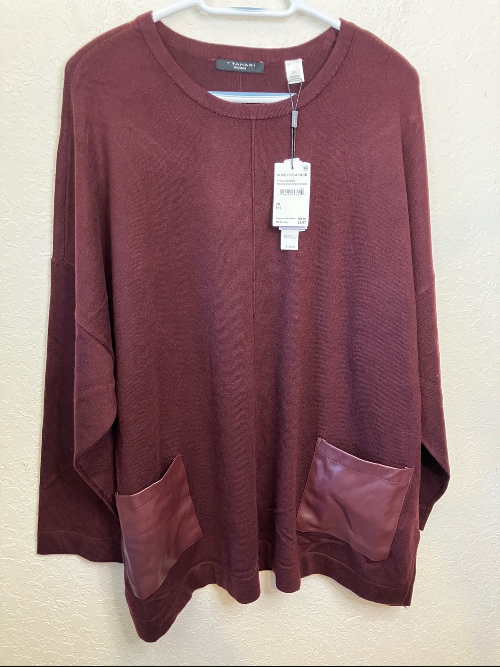 T Tahari Burgundy Crewneck Sweater with Leather-Look Pockets